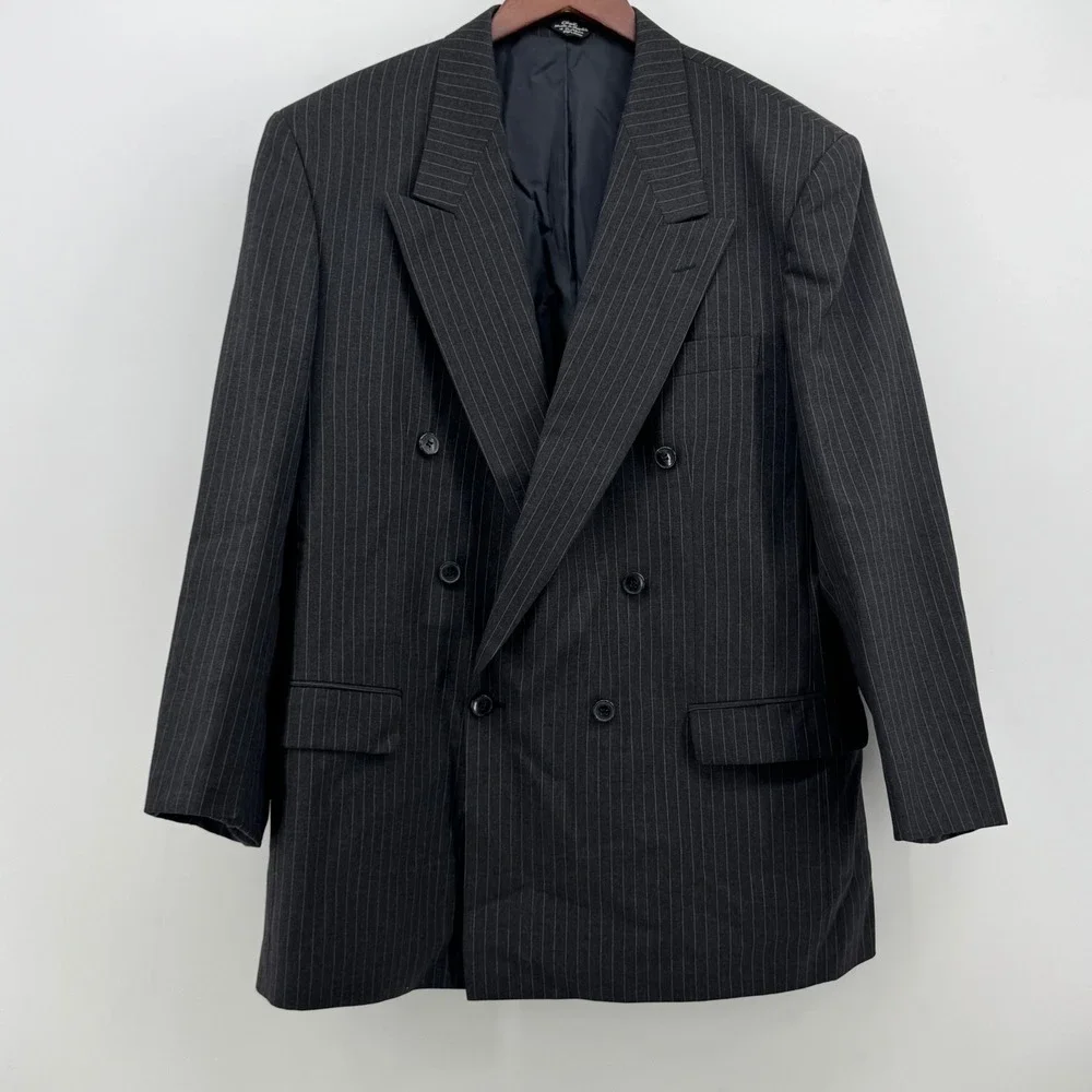Charcoal‎ Grey Pinstripe 100% Wool Double Breasted Blazer Jacket